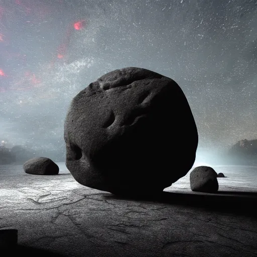 Image similar to a large boulder rock with a metallic finish is embedded in a circular matte black industsrial stage in the center of a dark space, a ring of overhead lights cast onto the rock and it throws caustic reflections into space, low misty atmosphere, hyper realistic image in the style of jeremy geddes but photo real, dark black space, 8k octane render