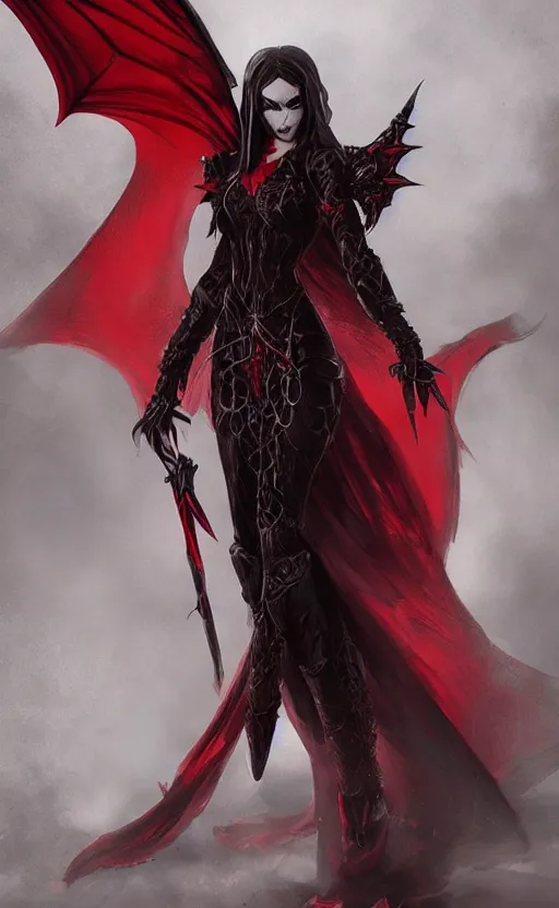 Image similar to Gothic princess in dark and red dragon armor with black wings, artstation trending, cinematic, highly detailded