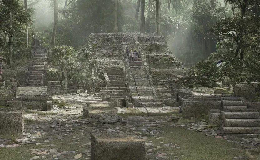 Image similar to Fashion Runway!, Catwalk!!, Platform in a Maya Temple in the Rainforest, Concept Art, Octane, Redshift, 4k