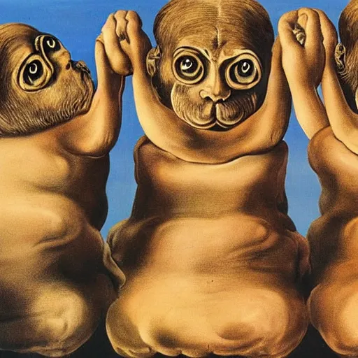 Prompt: the three wise monkeys painted by Salvador Dalí