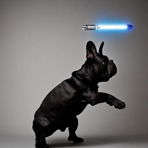 Image similar to black French Bulldog Jedi with lightsaber