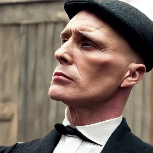 Prompt: A still from Peaky Blinders depicting Tommy Shelby bald