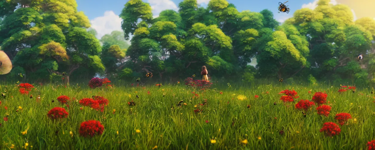 Image similar to a beautiful meadow landscape with large detailed bees flying between flowers, crimson - black beehive, happy trees, photorealistic, octane render, rtx, hdr, unreal engine, digital art widescreen 8 k in the style of studio ghibli and bob ross