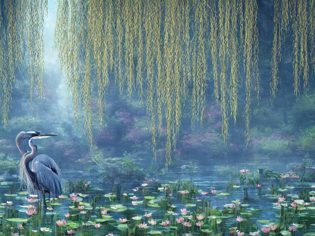 Prompt: a beautiful painting of blue heron in shallow river with waterfalls in distance, lake surrounded by beautiful willow and cherry blosom trees, lily pads, bullrushes, marsh, puffy clouds, morning dawn, intricate, highly detailed digital art, sylized, featured on artstation, by Artgerm and Mikko Lagerstedt