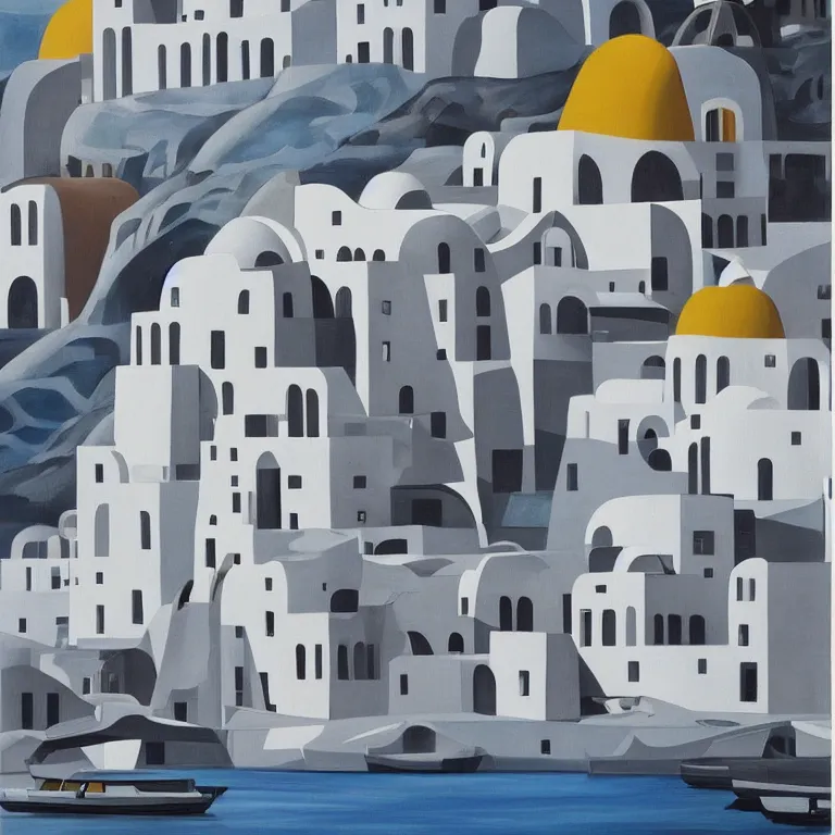 Image similar to a painting of abstract buildings like santorini by zaha hadid and yves tanguy