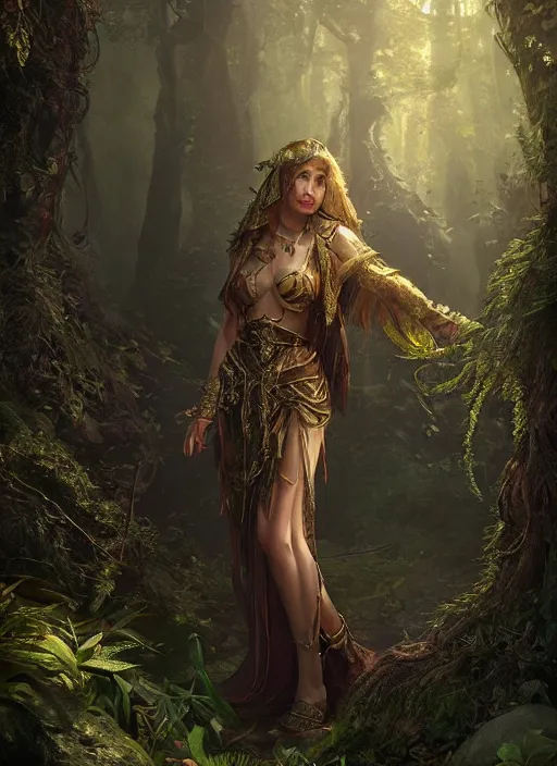 Prompt: Beautiful art portrait of a female fantasy priestess in a dark temple surrounded by lush forest, evening, atmospheric lighting, intricate detail, cgsociety, hyperrealistic, octane render, RPG portrait, ambient light, dynamic lighting