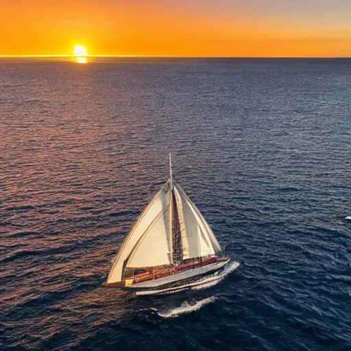 Image similar to the sydney operah house as a giant sailboat in the ocean with a beautiful sunset