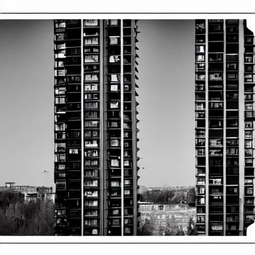 Prompt: photography of surreal apartment building on a field