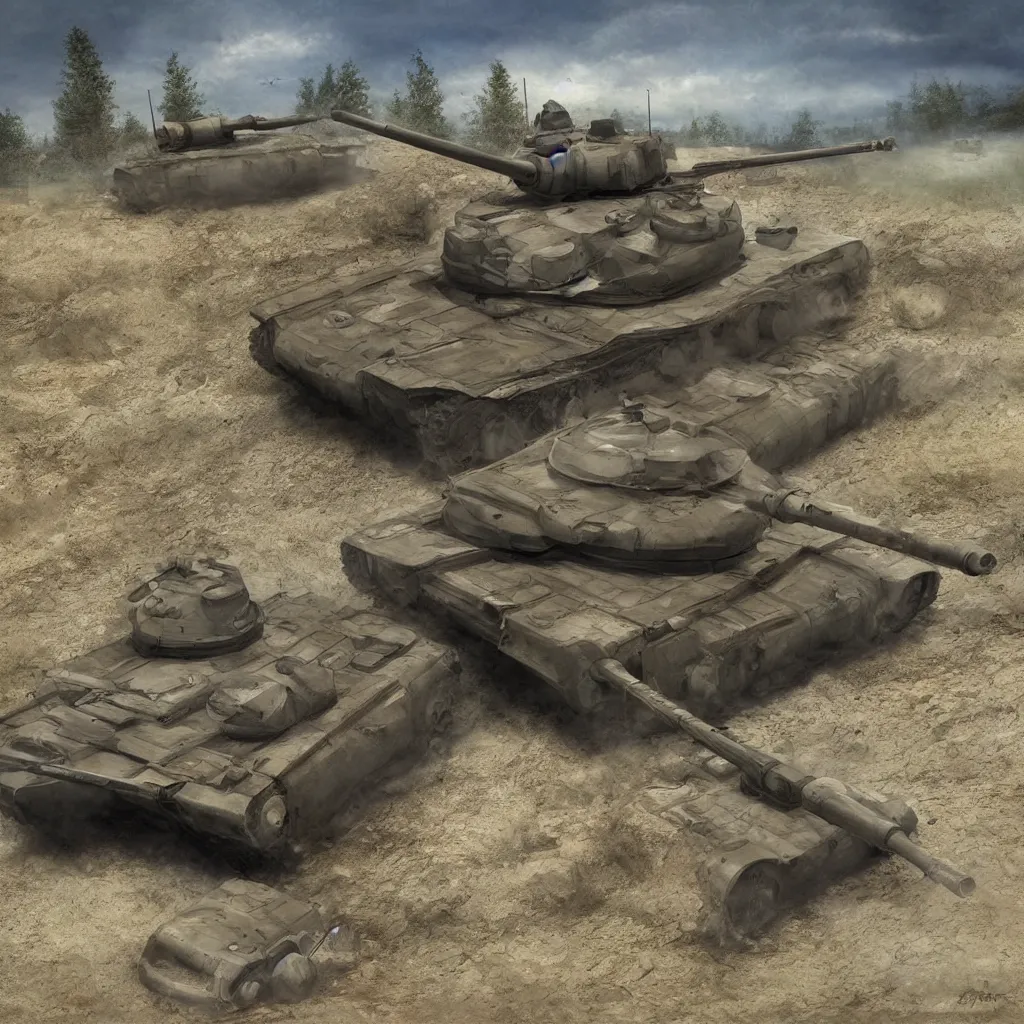 Image similar to realistic, slightly damaged tank on the battlefield, detailed, digital art