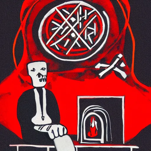 Prompt: a man is sitting in a red room with infernal symbols and sigils and runes for death and anger