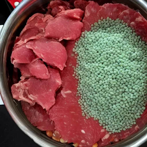 Image similar to raw meat chunks raw beans, mold, cell phone photo,