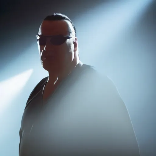 Image similar to from the movie a still of steven seagal as a fat batman, cinematic, studio lighting. god rays through fog. 4 k