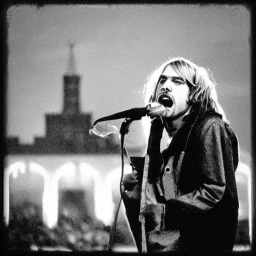 Image similar to “A colorful kodak film photo of Kurt Cobain roaring into microphone on a concert with Moscow kremlin in the background”