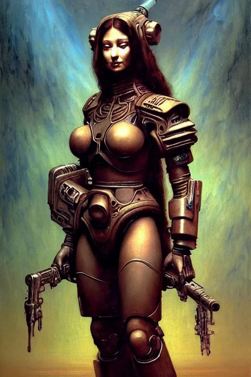 Image similar to character portrait cyberpunk starcraft terran warhammer 4 0 k space marine tech priest warrior princess ( ( ( ( ( ( ( ( totally definitely not negative no not mona lisa inspired ) ) ) ) ) ) ), beksinski character design, painting by gaston bussiere, katsuya terada, frank frazetta, tom of finland, trending on artstation