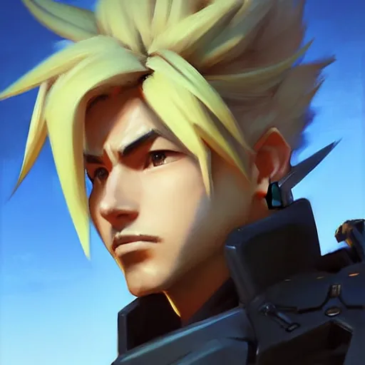 Prompt: Greg Manchess portrait painting o Cloud Strife as Overwatch character, medium shot, asymmetrical, profile picture, Organic Painting, sunny day, Matte Painting, bold shapes, hard edges, street art, trending on artstation, by Huang Guangjian and Gil Elvgren and Sachin Teng