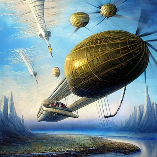 Prompt: airship taking off from soaring towers and lace bridges, under outer world forrest, rivers and lakes, art by Dmitry Dubinsky