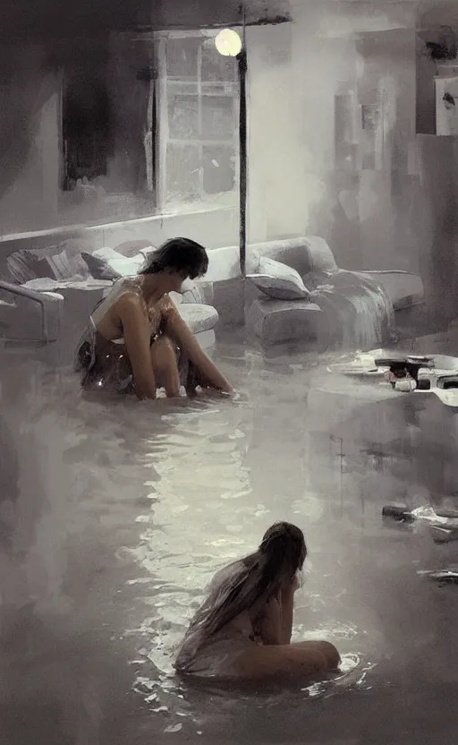 Image similar to “ cinematic composition of a woman sitting in a flooded apartment by zhaoming wu, nick alm, bernie fuchs, hollis dunlap, gregory manchess, james gurney, craig mullins, sparth, octane render ”