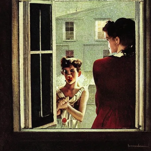 Prompt: vampire looking out her window from her apartment, by norman rockwell