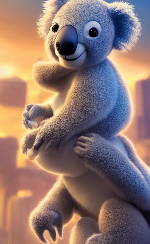 Prompt: koala bear wearing socks, magical city, water bear, cute, electric, furry, soft, concept art, intricate details, highly detailed, photorealistic, disney pixar, octane render, iridescent, anime, 8 k