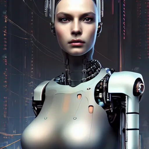 Image similar to Mechanical Cyberpunk Female Android, Upper-torso, intricate, elegant, super highly detailed, professional digital painting, artstation, concept art, smooth, sharp focus, no blur, no dof, extreme illustration, Unreal Engine 5, Photorealism, HD quality, 8k resolution, cinema 4d, 3D, beautiful, cinematic, art by artgerm and greg rutkowski and alphonse mucha and loish and WLOP