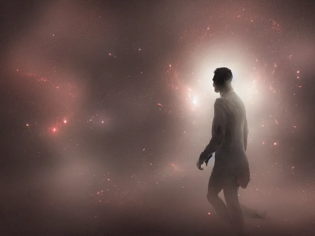 Prompt: a human emitting an aura walking through a dust storm while normal and exponential curves from the universe flow through them, digital art, trending on art station, many smooth curves, inspiring, high resolution