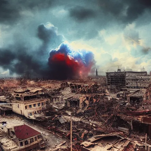 Prompt: destroyed american city, dystopian, war, real, blue sky, smoke, red clouds, detailed, award winning, masterpiece, photograph, cinematic