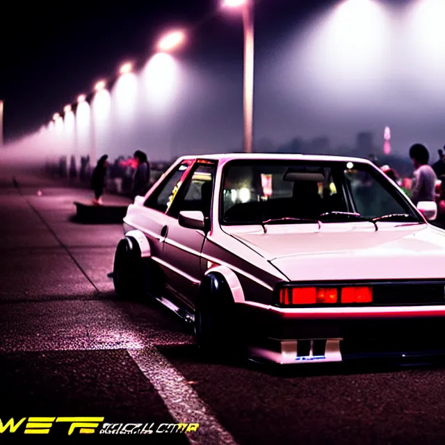 Image similar to a car R31X twin turbo drift at illegal car meet, Kanagawa prefecture, city midnight mist lights, cinematic lighting, photorealistic, highly detailed wheels, high detail