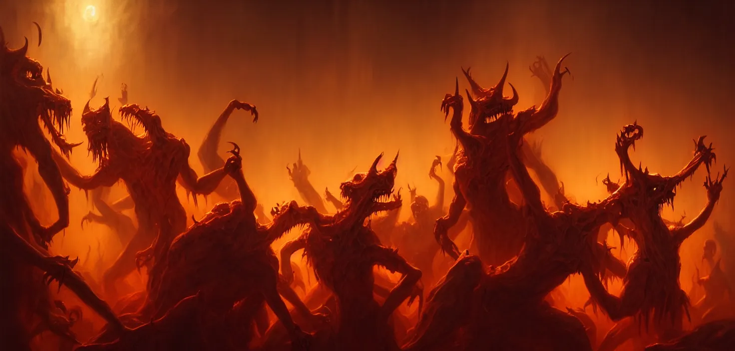 Image similar to oil matte painting, closeup portrait of scary creepy devils dancing in hell beautiful cinematic light deep focus, elegant, digital painting, smooth, sharp focus, golden ratio, dramatic illumination, ultra realistic, 8 k, art by greg rutkowski wlop rossdraws