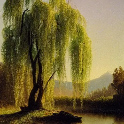 Image similar to oil painting of a willow tree next to a river by albert bierstadt, beautiful lighting - h 7 0 4