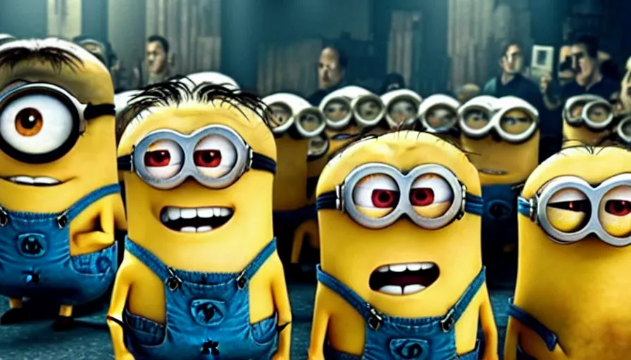 Image similar to fight club!!!!, fight club!!!! ((((the minions)))), movie still