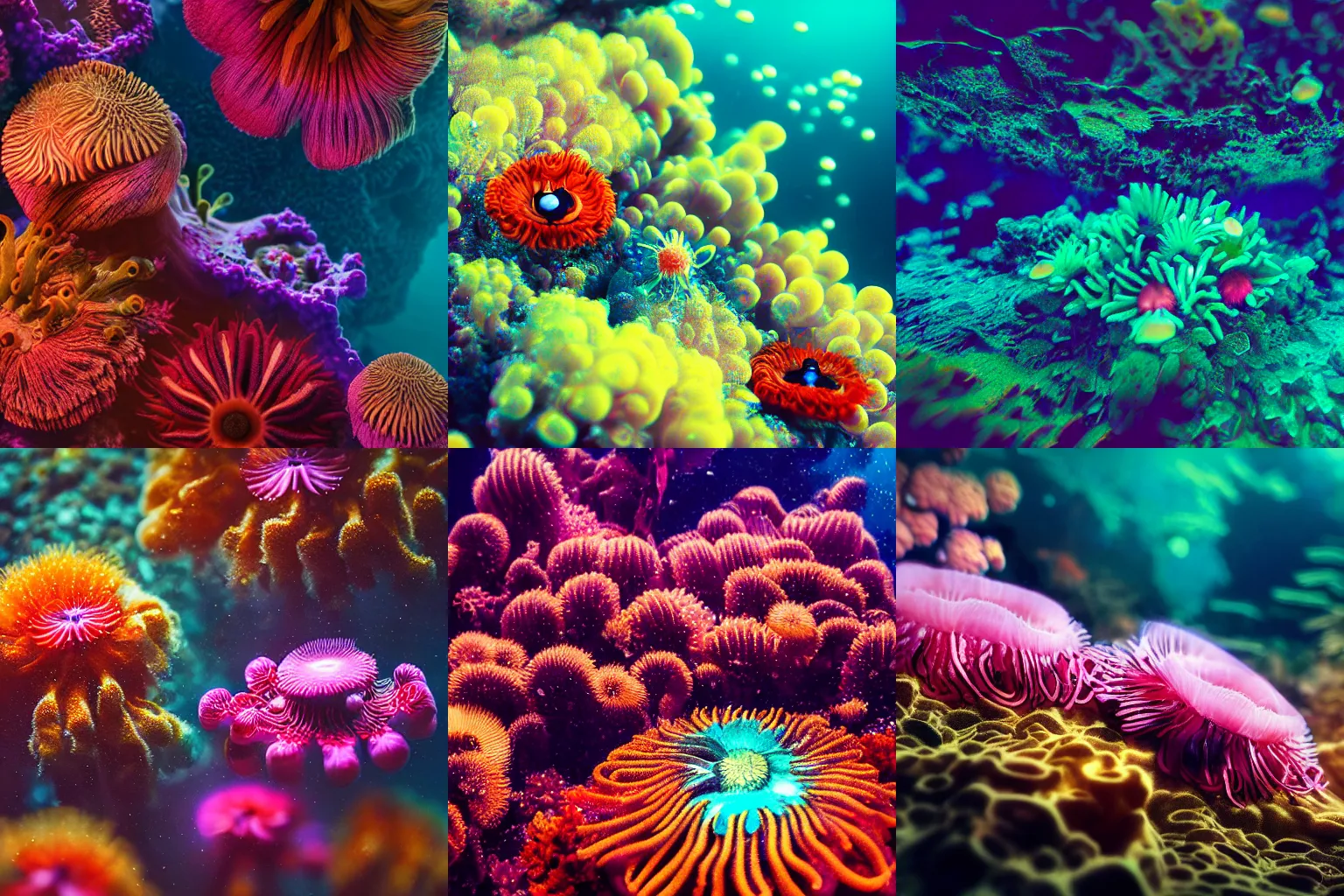 Prompt: macro photograph of intricate cute alien anemones and coral reef, underwater photography, soft focus, soft lighting, by Pixar, by Alena Aenami