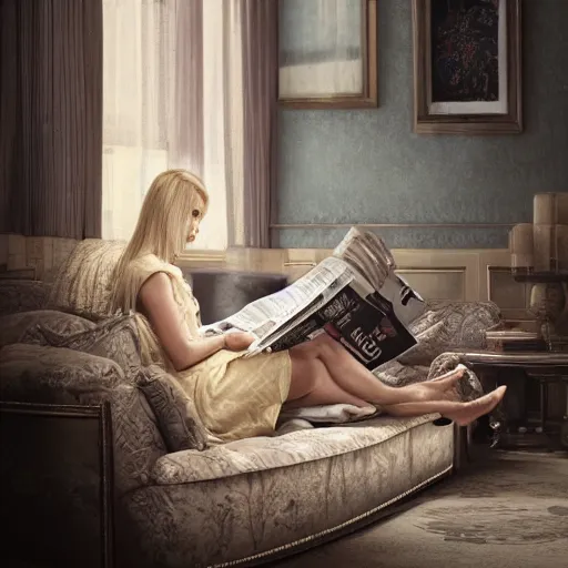 Image similar to beautiful blonde woman in her 4 0 s sat with feet up on sofa reading a magazine, hyper detailed, dramatic lighting, cgsociety, realistic, hyper detailed, insane details, intricate, dramatic lighting, hypermaximalist, golden ratio, rule of thirds, octane render, weta digital, micro details, ultra wide angle, artstation trending, 8 k,