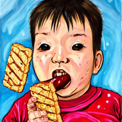 Image similar to painting of a chubby boy eating a delicious cholocate chunks cookies, buzz cut, junji ito