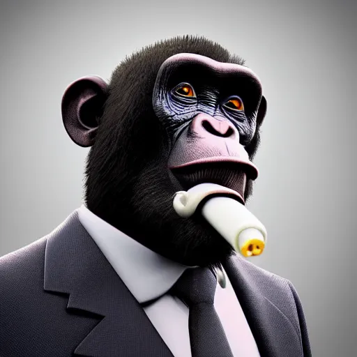 Image similar to a high detail shot of a chimp wearing a suit, smoking, unreal engine