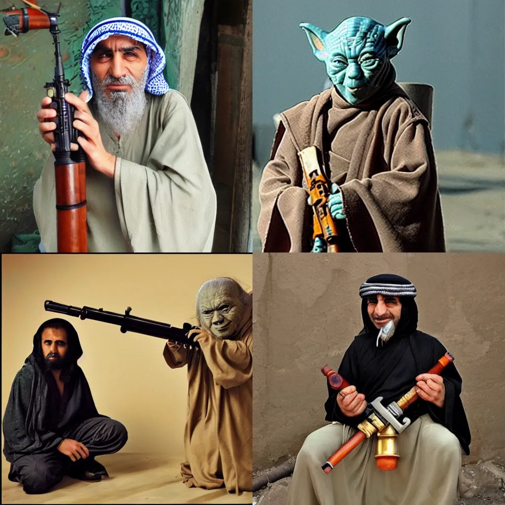 Prompt: middle eastern yoda with a makeshift pipe rifle