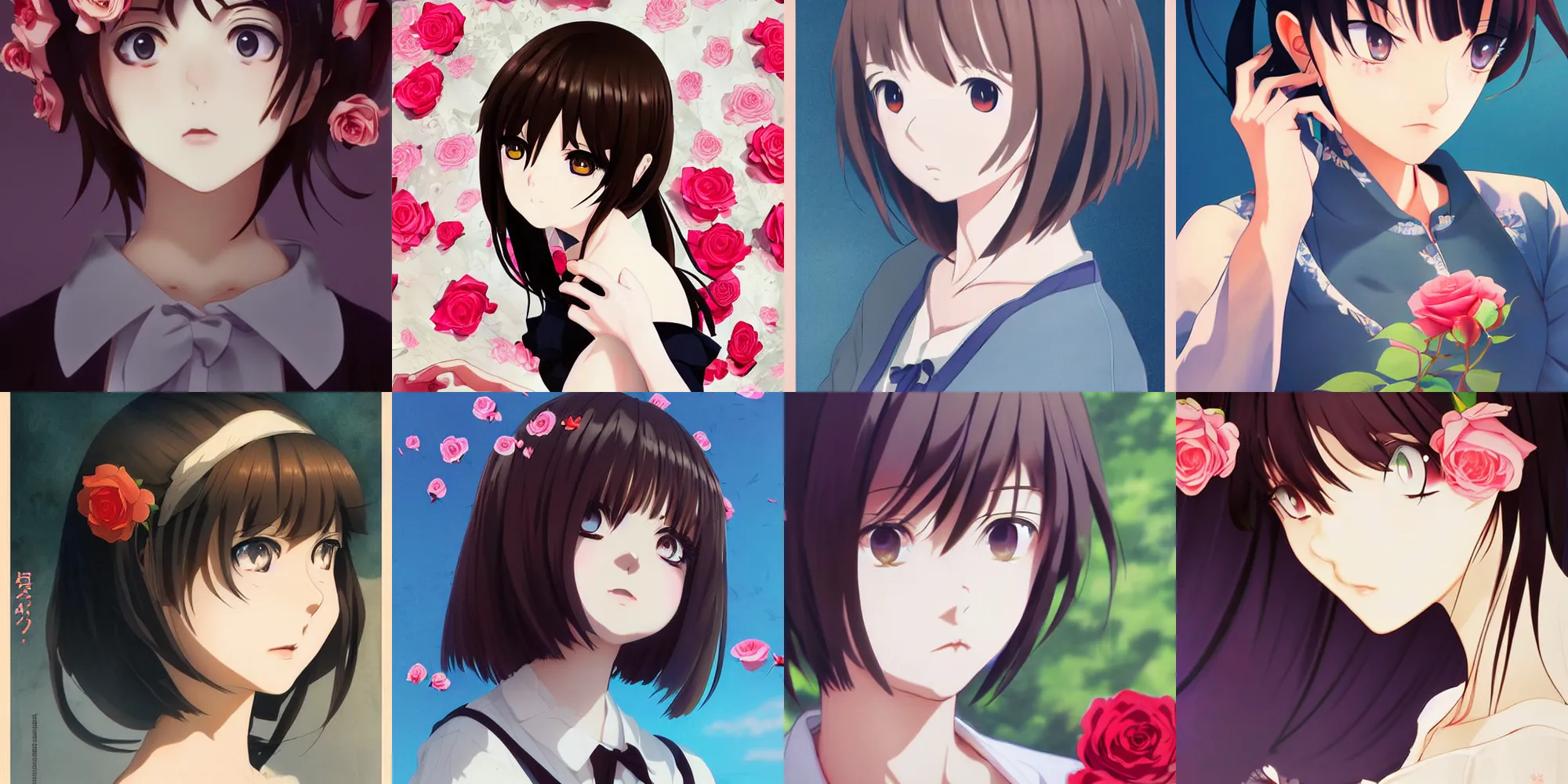 Prompt: anime poster film still portrait, young female with roses,, cute face by ilya kuvshinov yoshinari yoh makoto shinkai katsura masakazu kyoani, dynamic perspective pose super detailed facial features eyebrowless symmetry, gapmoe yandere grimdark, crisp and sharp cel shade ambient light