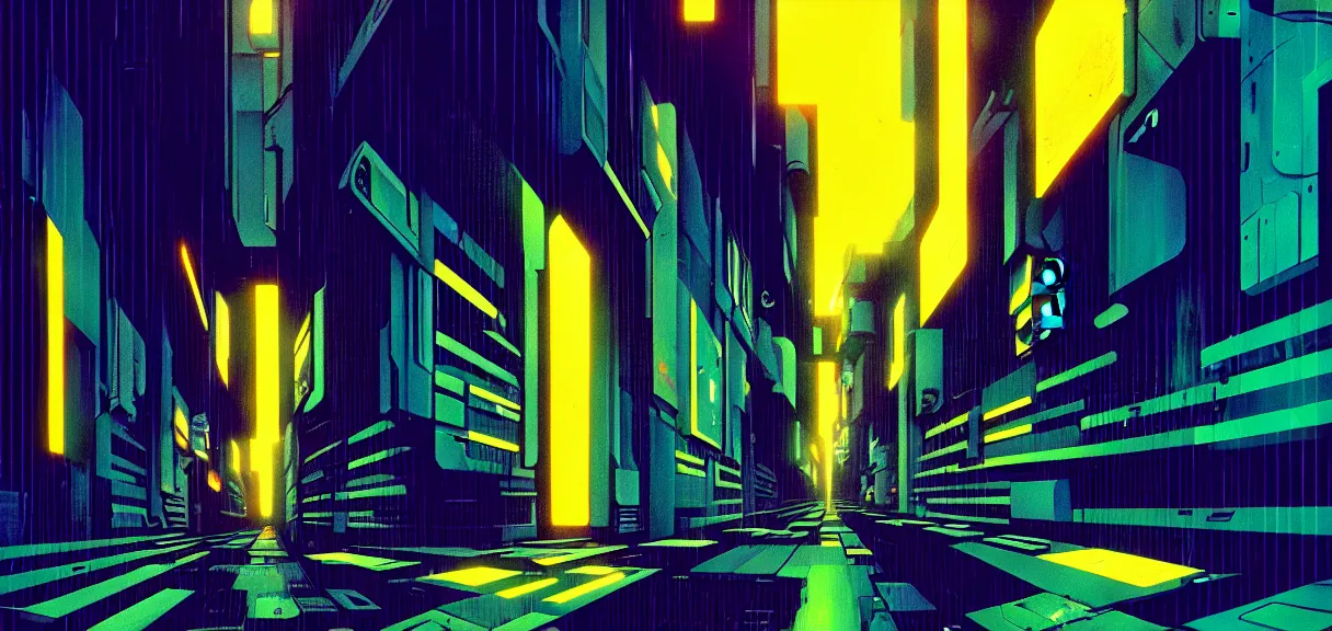 Image similar to post - minimalism, cyberpunk, abstract, slight cubism influence, bladerunner alley, iridescent, comic