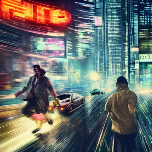 Prompt: people running scared of bitcoin, cyberpunk art, hyper-realistic, 4k