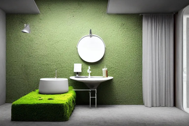 Prompt: a messy bathroom with a washbasin, with moss on the wall, trending on artstation, mixed media, octane rendering