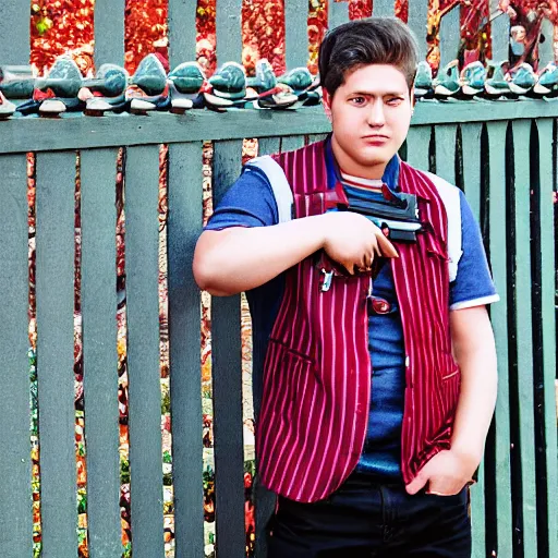 Image similar to Young man standing looking to the right in a red bandana, blue striped shirt, gray vest and a gun with a partly cloudy sky in the background. The young man is standing in front of an iron fence. Photograph. Real life