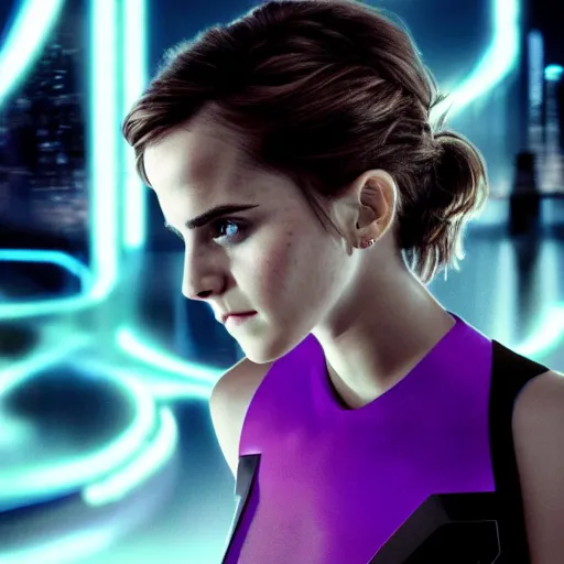 Prompt: portrait of emma watson in tron : legacy movie