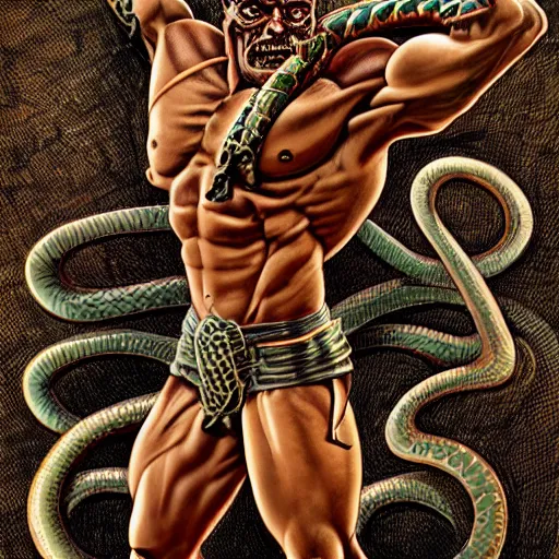 Image similar to serpent - man warlord wearing bronze age clothing, bodybuilder snake, anatomical, horrific background symmetrical, zoom out, high quality, high definition, 8 k, photograph photorealistic by frank frazetta