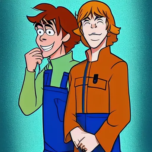 Prompt: am i glad hes in there and we're out here and hes the sherrif, and we're frozen out here and we're out here oh i just remembered, we're out here, shaggy and fred from scooby doo, cartoon still
