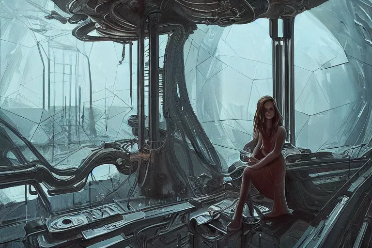 Image similar to beautiful painting of Emma Watson in a futuristic house in the style of Simon Stålenhag and H. R. Giger, detailed, trending on Artstation