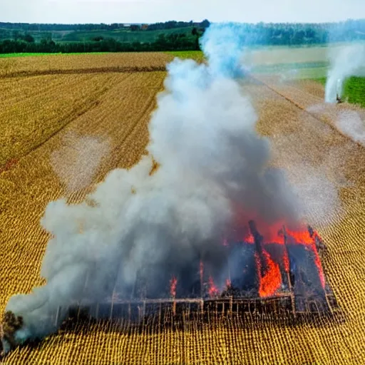 Image similar to a small vintage farm on fire in a corn field