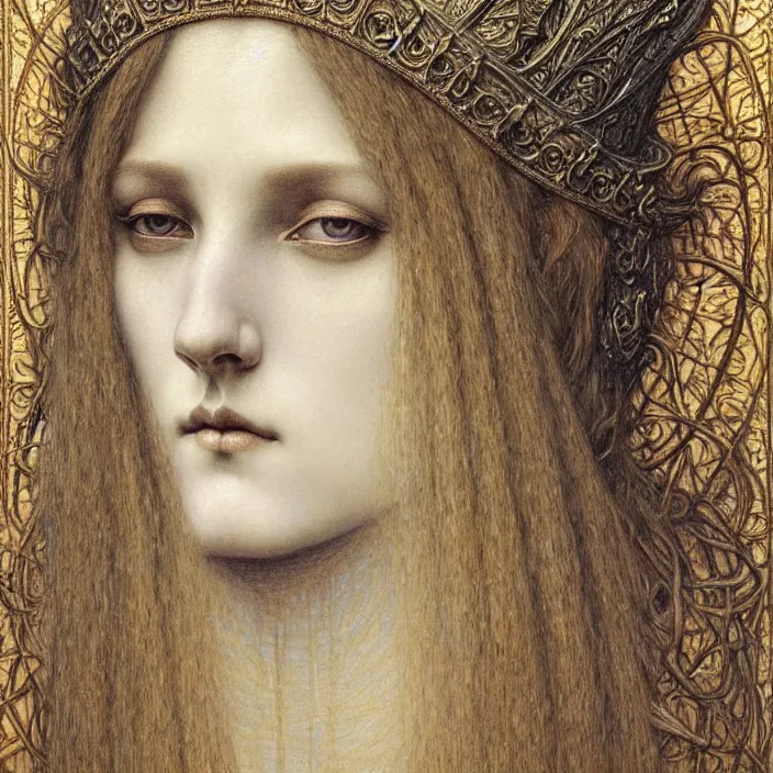 Image similar to detailed realistic beautiful young medieval queen face portrait by jean delville, gustave dore and marco mazzoni, art nouveau, symbolist, visionary, gothic, pre - raphaelite. horizontal symmetry