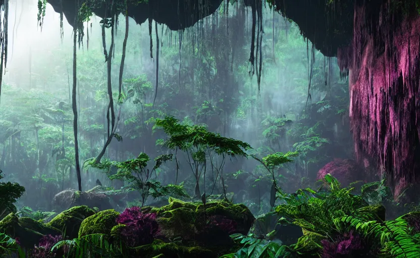 Image similar to a beautiful render of a dark prehistoric rainforest in a humongous cave, lush flora, patches of sky, magenta, green, sunset, floating mountains and a waterfall in the background, intricate detail, hazy, humid, volumetric lighting, 8 k, photorealistic, raytracing effects, unreal engine 5