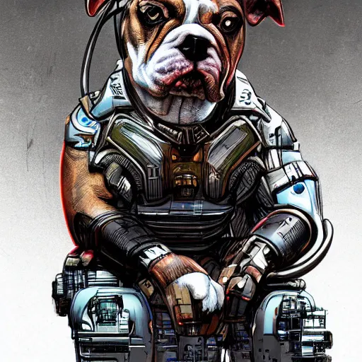 Image similar to « a comic styled cyborg bulldog sitting down, cyberpunk digital art by greg rutkowsky, illustration, future tech, sketchfab »