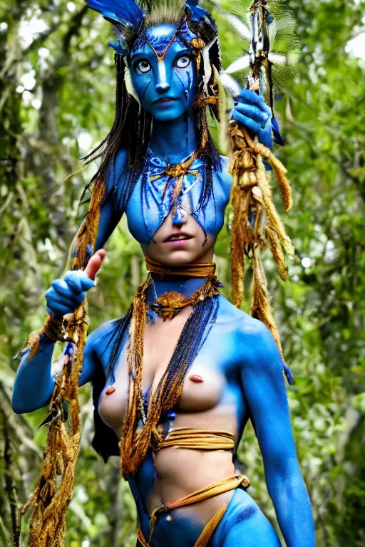 Image similar to a blue - skinned female navi from avatar wearing an elaborate outfit made out of shells wrapped in barbed wire suspended in the air between two trees, cosplay, body paint, high resolution film still, hdr color, movie by james cameron