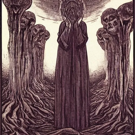 Prompt: A beautiful art installation of a small figure standing in the center of a dark, foreboding landscape. The figure is surrounded by strange, monstrous creatures, and there is a feeling of unease and dread. 1960s by Al Feldstein, by Frederick Lord Leighton spontaneous, muted